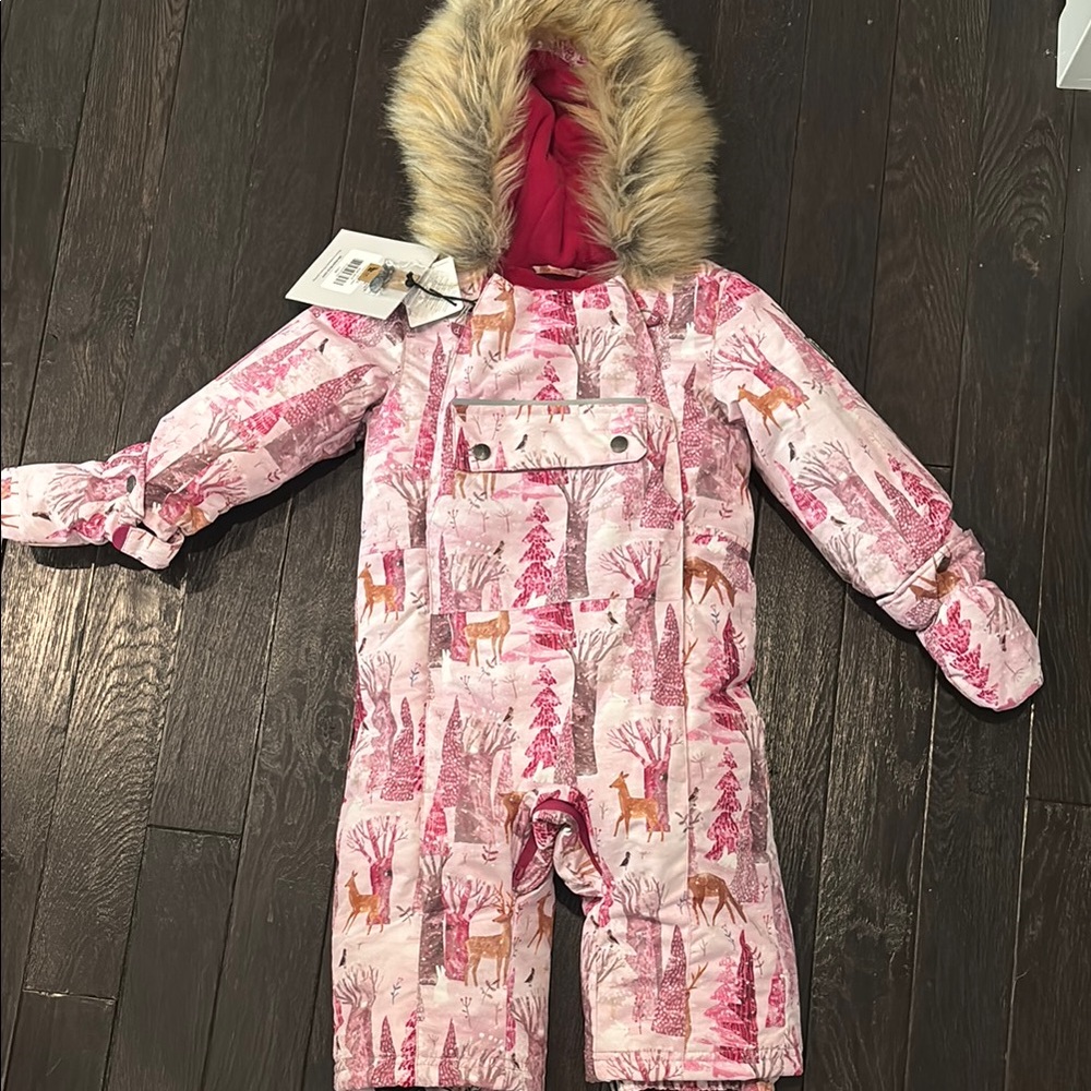 Deux Par Deux Pink Snowsuit with Snowy Forest Animal Print